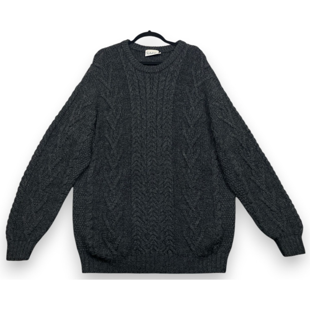 Saol Ireland Merino Wool Aran Cable Knit Fisherman Sweater Gray XL